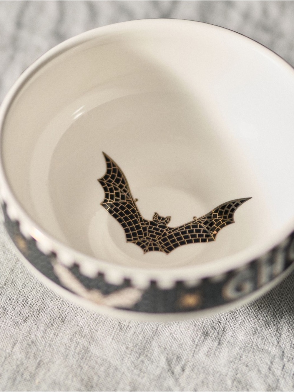 Anthropologie Ghoulish Delights Ceramic Pedestal Bowl in Black, White & 24kGold